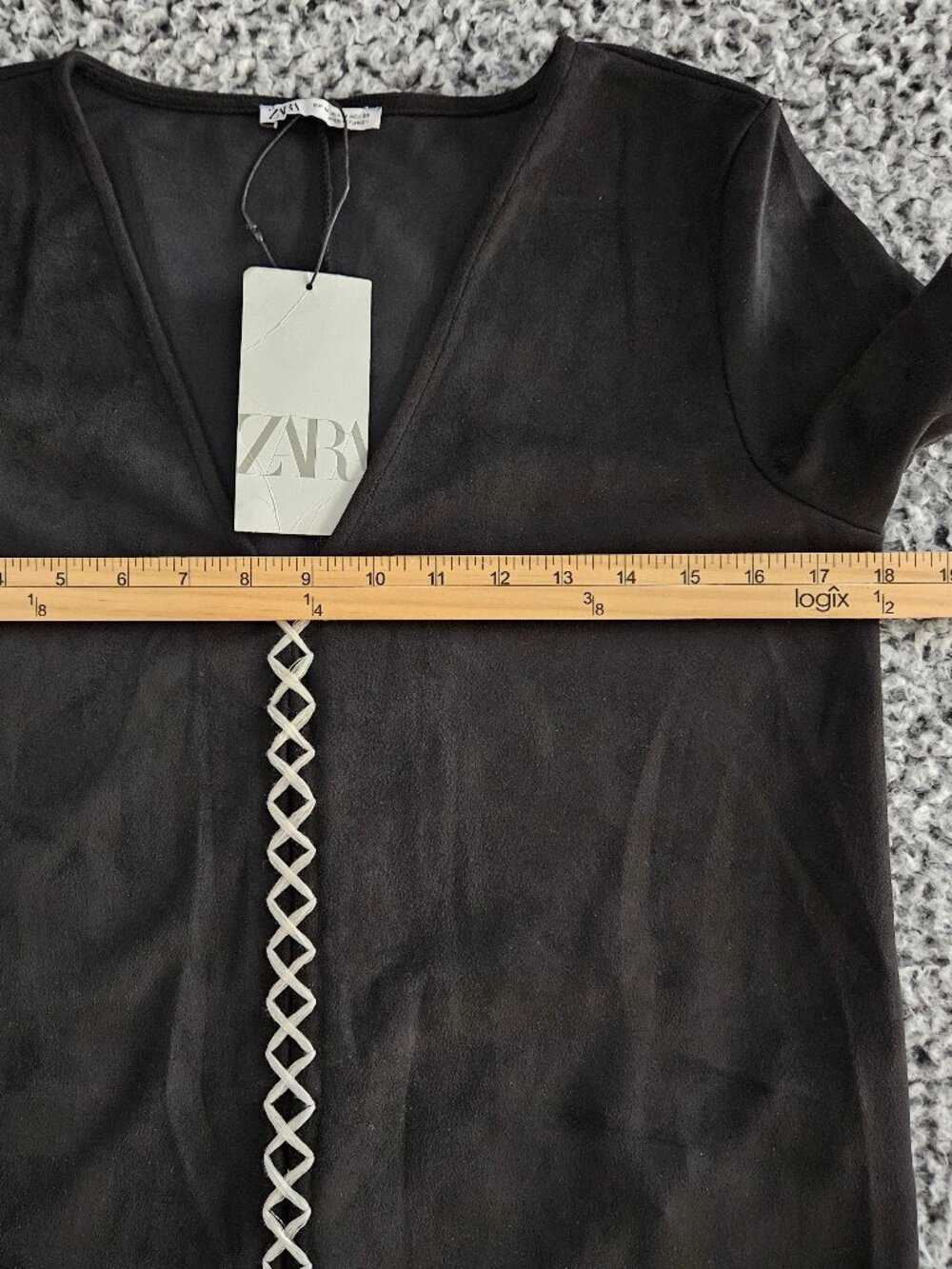 Zara Black Mini Dress M Medium Shift Faux Suede Short Sleeve V-Neck Minimalist - Picture 9 of 12